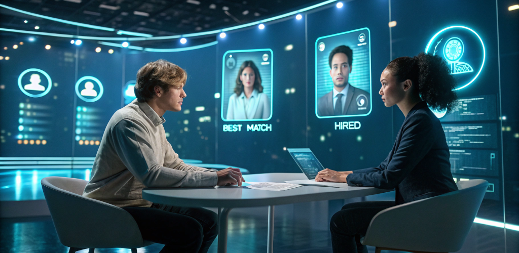 Recruiter and applicant during interview and other applicants resumes being screend by AI. 