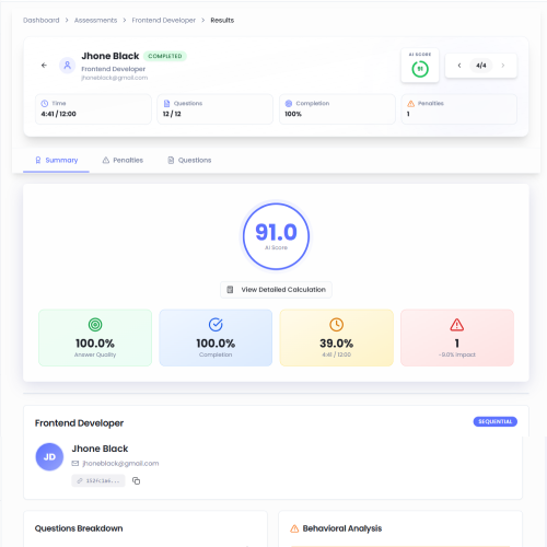 Hirebee Assessments dashboard showing an AI score for one aapplicant.
