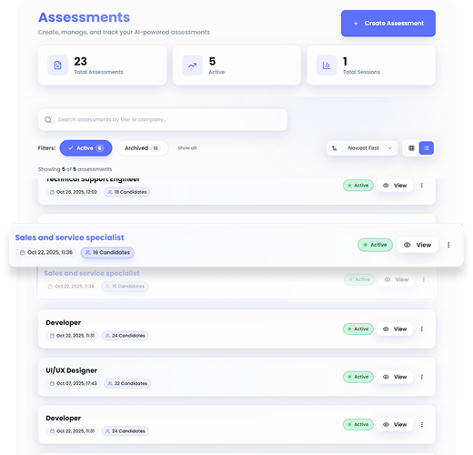 Hirebee Assessments dashboards showing different assessments names.